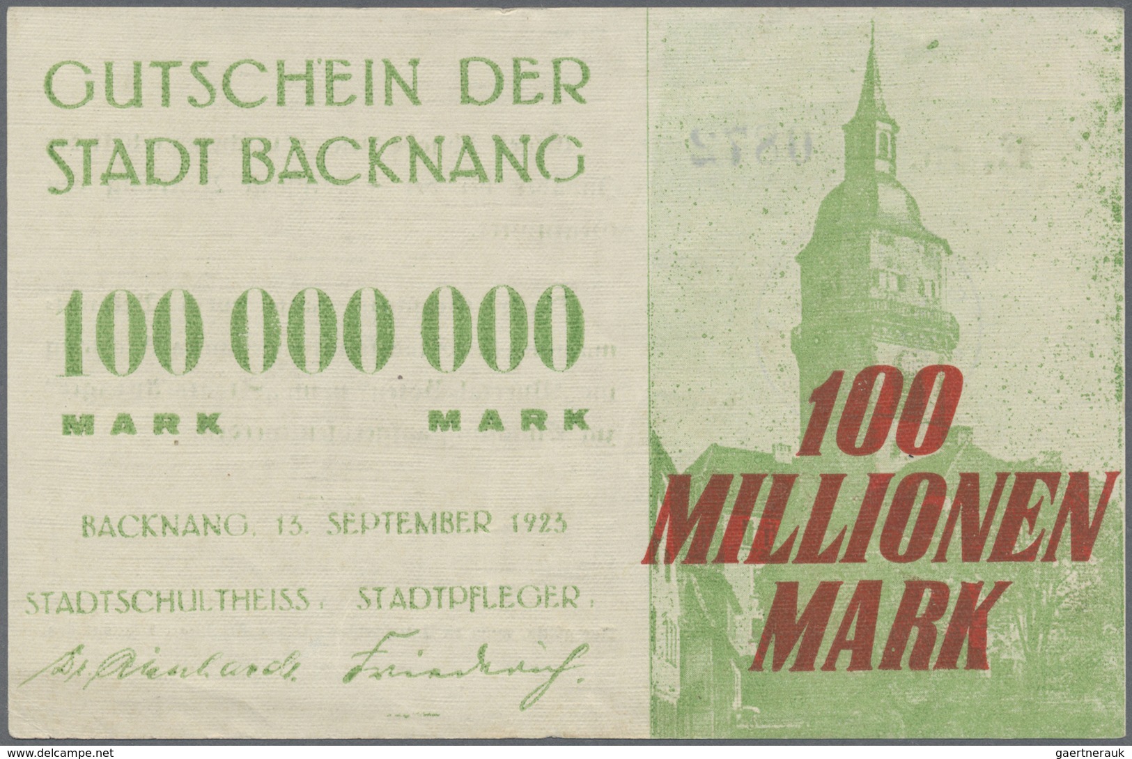 Deutschland - Notgeld - Württemberg: Backnang, Stadt, 2 x 5, 10, 2 x 20, 4 x 50, 3 x 100, 500 Mio.,