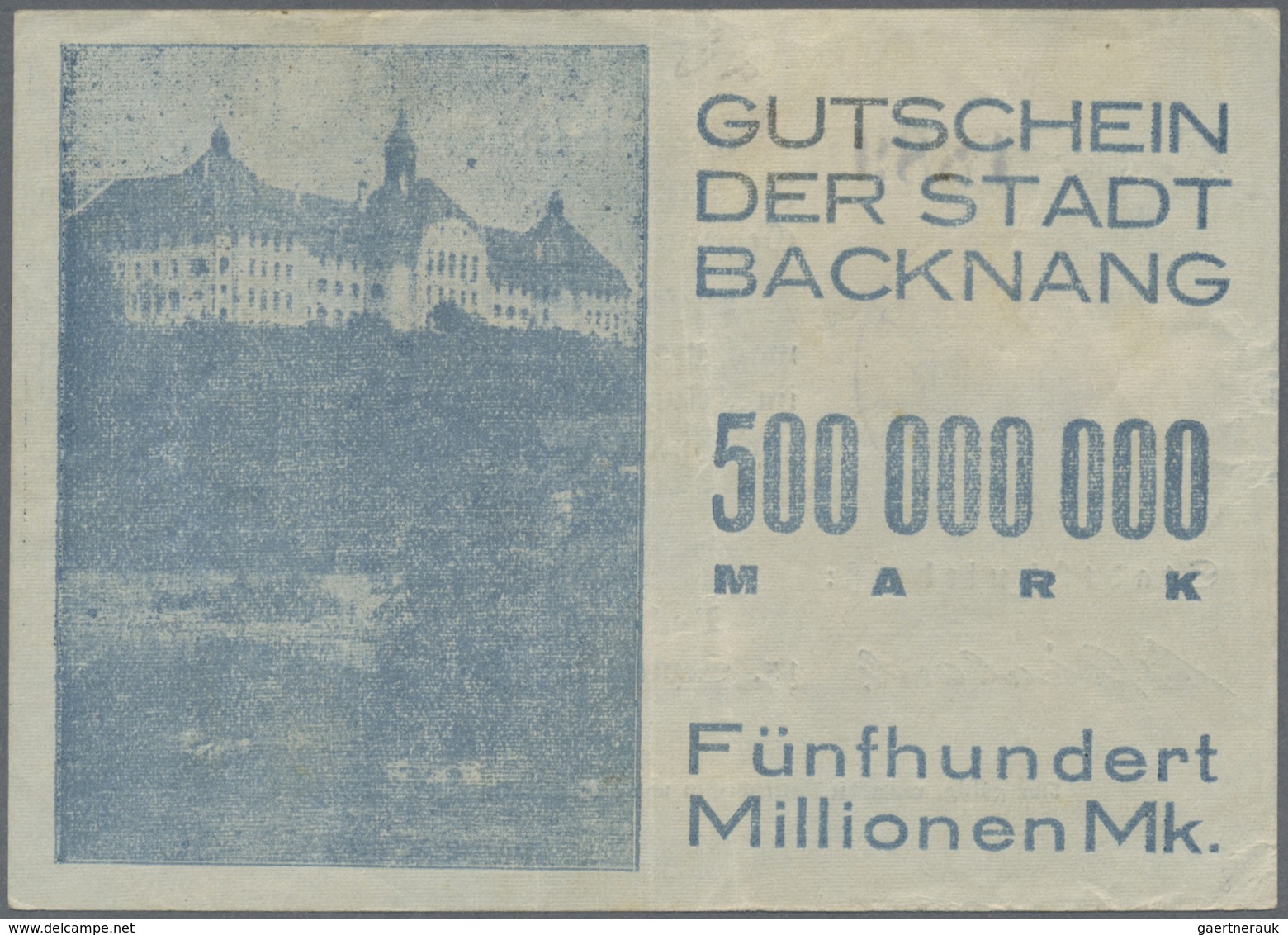 Deutschland - Notgeld - Württemberg: Backnang, Stadt, 2 x 5, 10, 2 x 20, 4 x 50, 3 x 100, 500 Mio.,