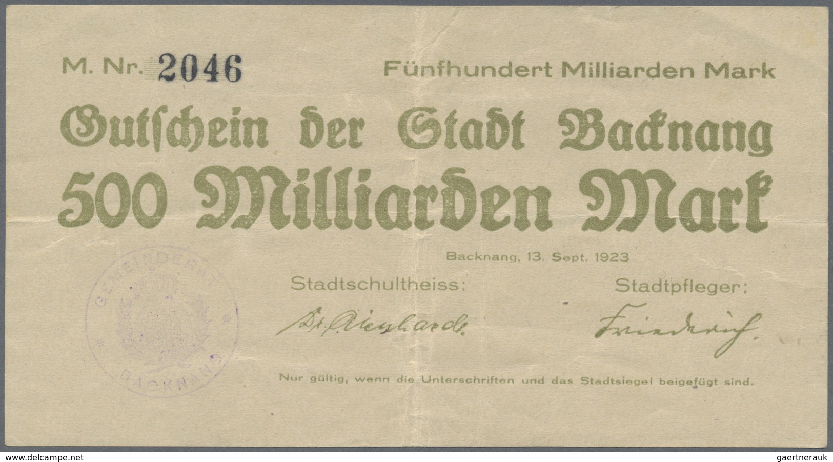 Deutschland - Notgeld - Württemberg: Backnang, Stadt, 2 x 5, 10, 2 x 20, 4 x 50, 3 x 100, 500 Mio.,