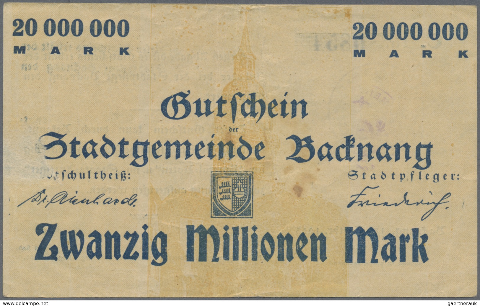 Deutschland - Notgeld - Württemberg: Backnang, Stadt, 2 x 5, 10, 2 x 20, 4 x 50, 3 x 100, 500 Mio.,