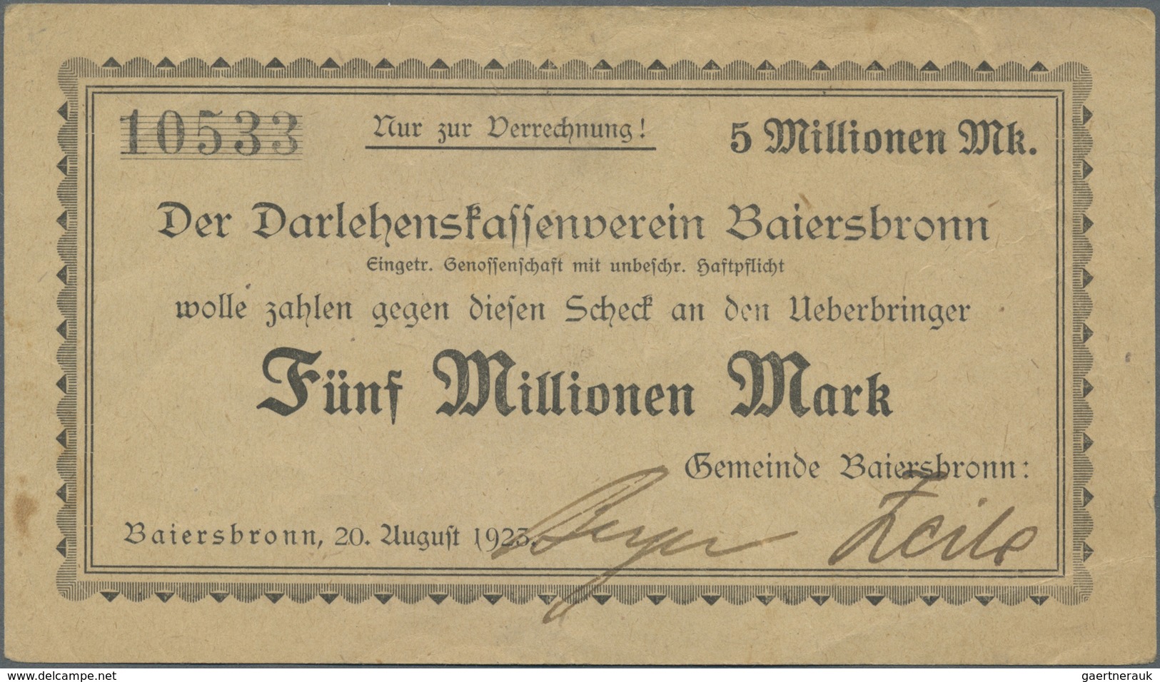 Deutschland - Notgeld - Württemberg: Baiersbronn, Gemeinde, 4 X 5 Mio. Mark, Papierfarbvarianten, "M - [11] Emissions Locales