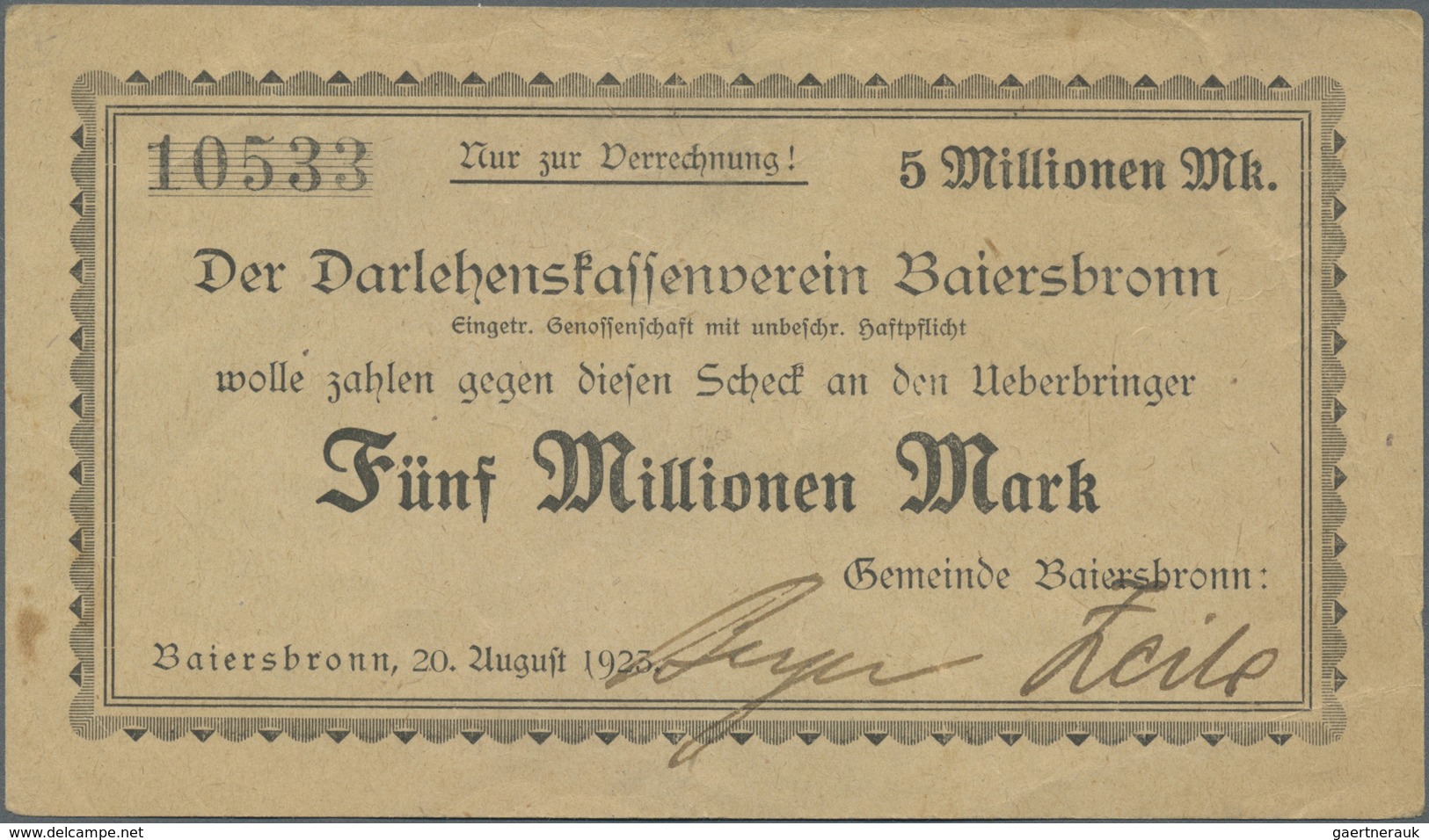 Deutschland - Notgeld - Württemberg: Baiersbronn, Gemeinde, 4 X 5 Mio. Mark, Papierfarbvarianten, "M - [11] Local Banknote Issues