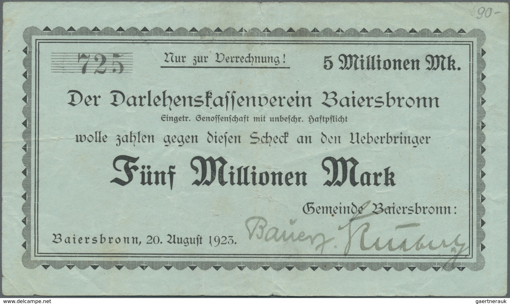 Deutschland - Notgeld - Württemberg: Baiersbronn, Gemeinde, 4 X 5 Mio. Mark, Papierfarbvarianten, "M - [11] Local Banknote Issues