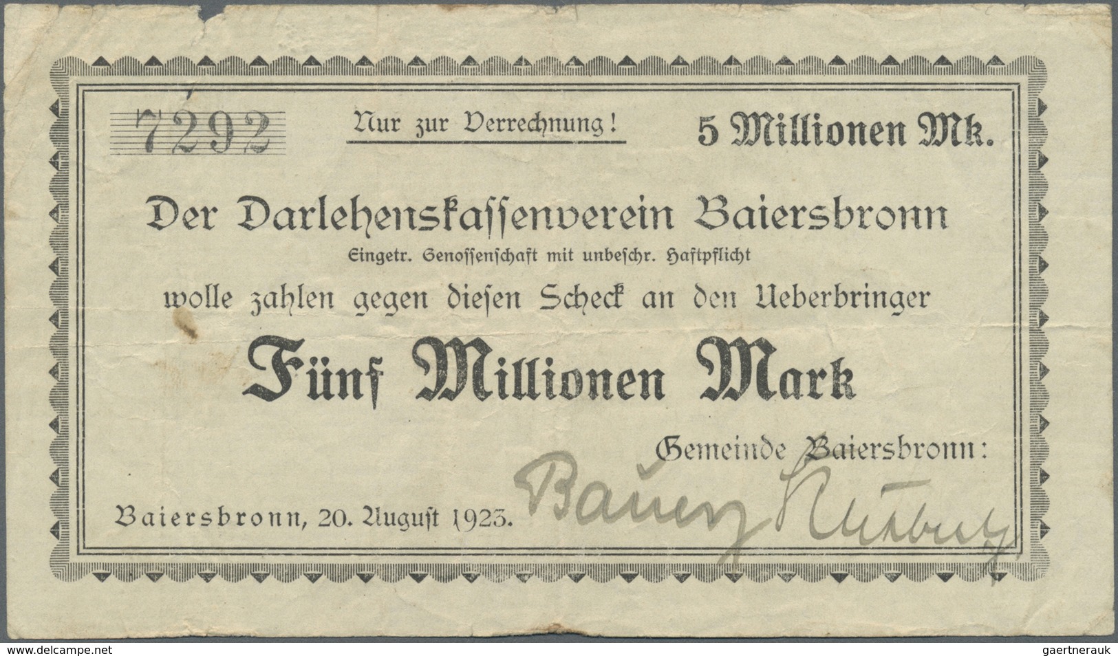 Deutschland - Notgeld - Württemberg: Baiersbronn, Gemeinde, 4 X 5 Mio. Mark, Papierfarbvarianten, "M - [11] Emissions Locales