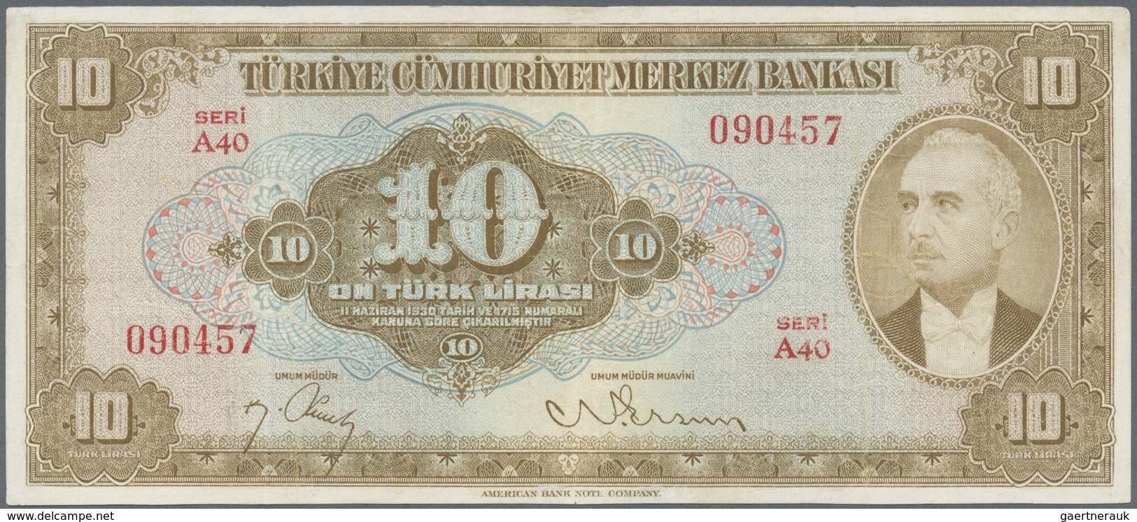 Turkey / Türkei: 10 Lirasi L. 1930 (1947-1948) "İnönü" - 4th Issue, P.148, Soft Vertical Bend At Cen - Turquie