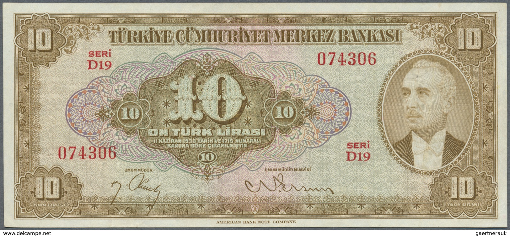 Turkey / Türkei: 10 Lira ND(1948) P. 148a, Light Vertical Folds And Handling In Paper, No Holes Or T - Turkey