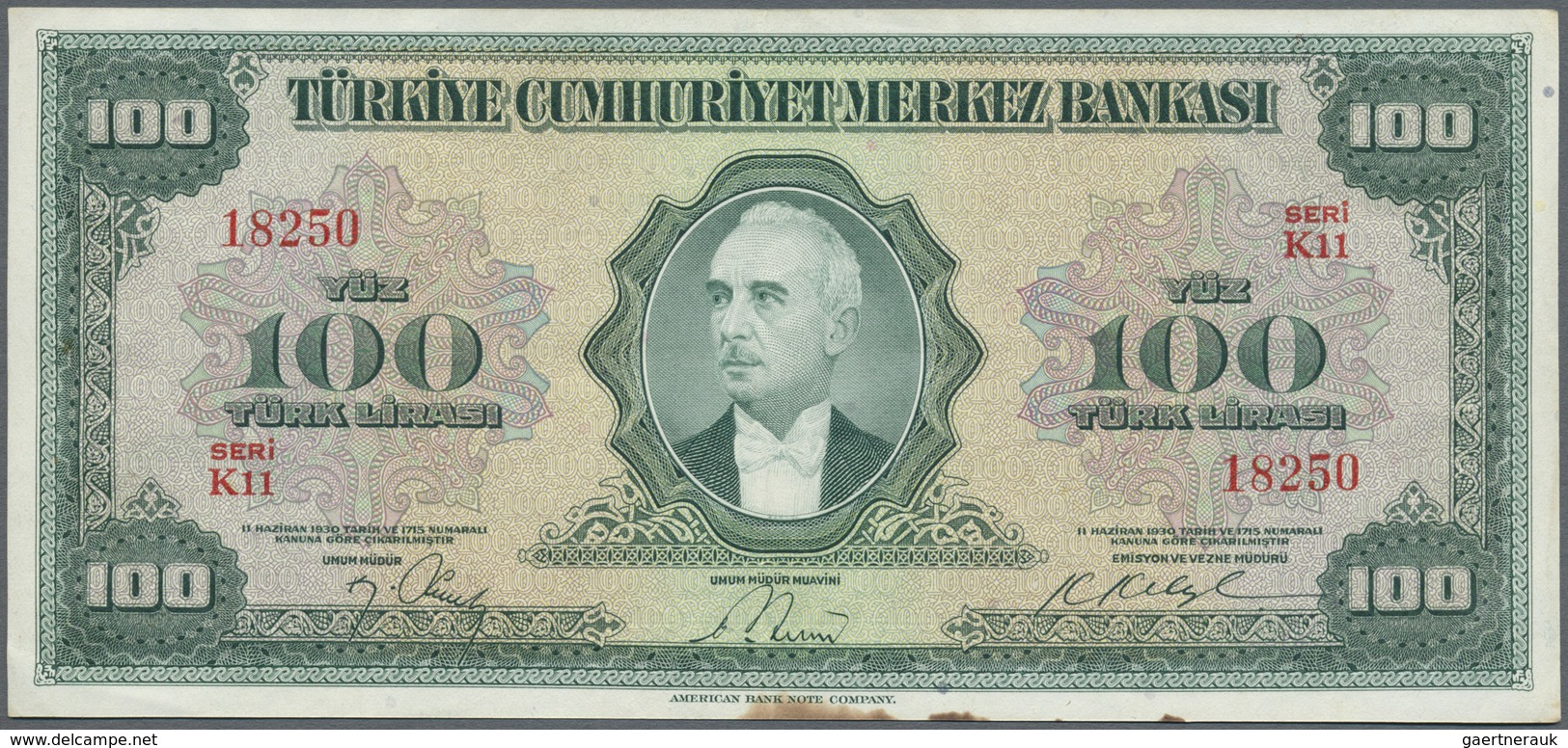 Turkey / Türkei: 100 Lira ND(1947) P. 149, Center Fold, Light Handling In Paper And A Stain At Lower - Turkey