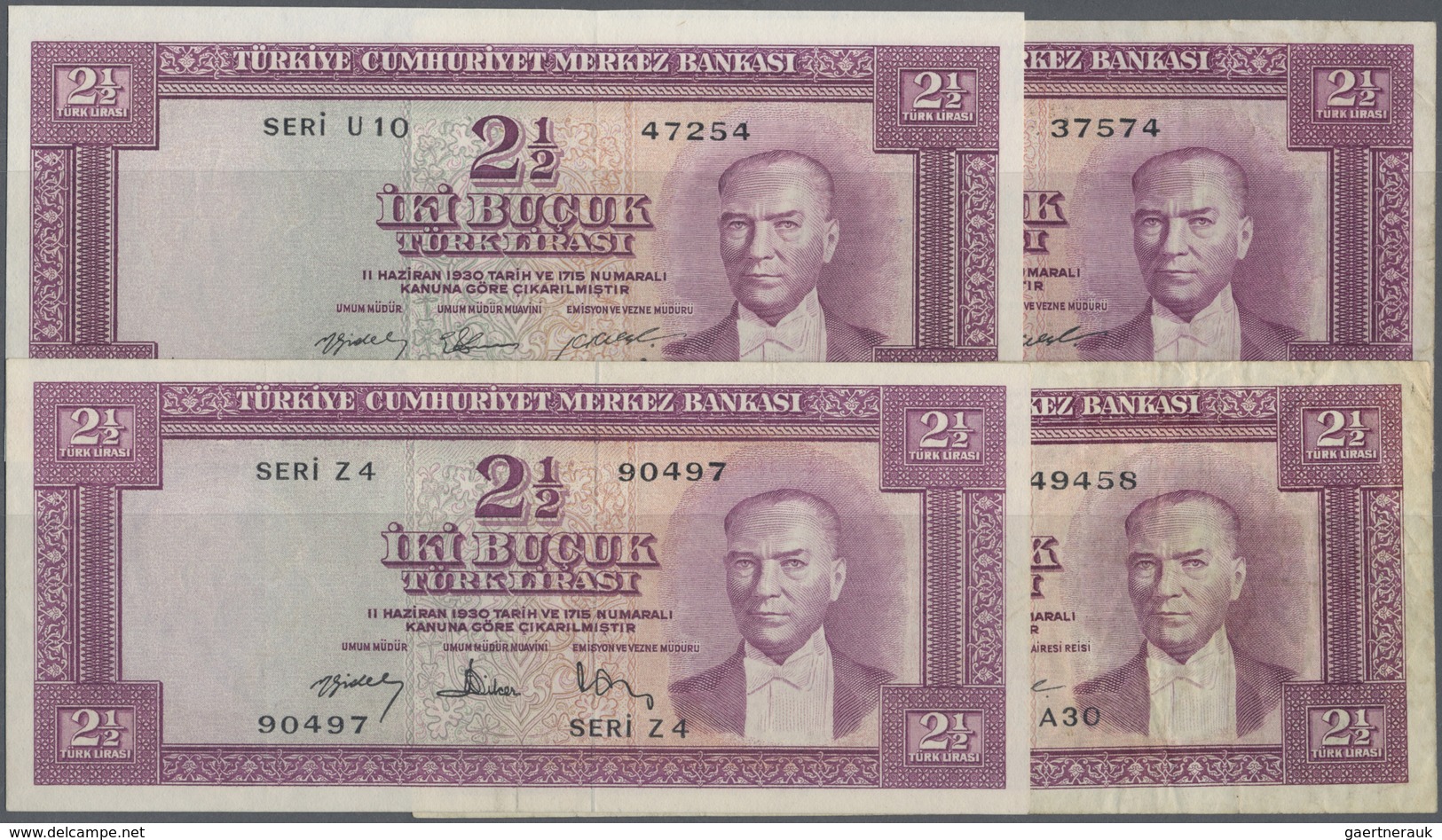 Turkey / Türkei: Set With 4 Banknotes 2 1/2 Lirasi L. 1930 (1951-1961) "Atatürk" - 5th Issue Contain - Turchia