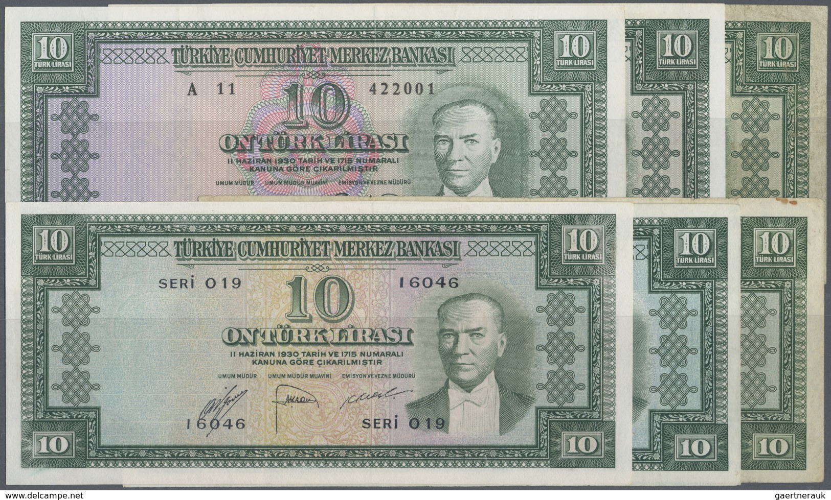 Turkey / Türkei: Set With 6 Banknotes 10 Lirasi L. 1930 (1951-1961) "Atatürk" - 5th Issue P.156 (VF, - Turquie