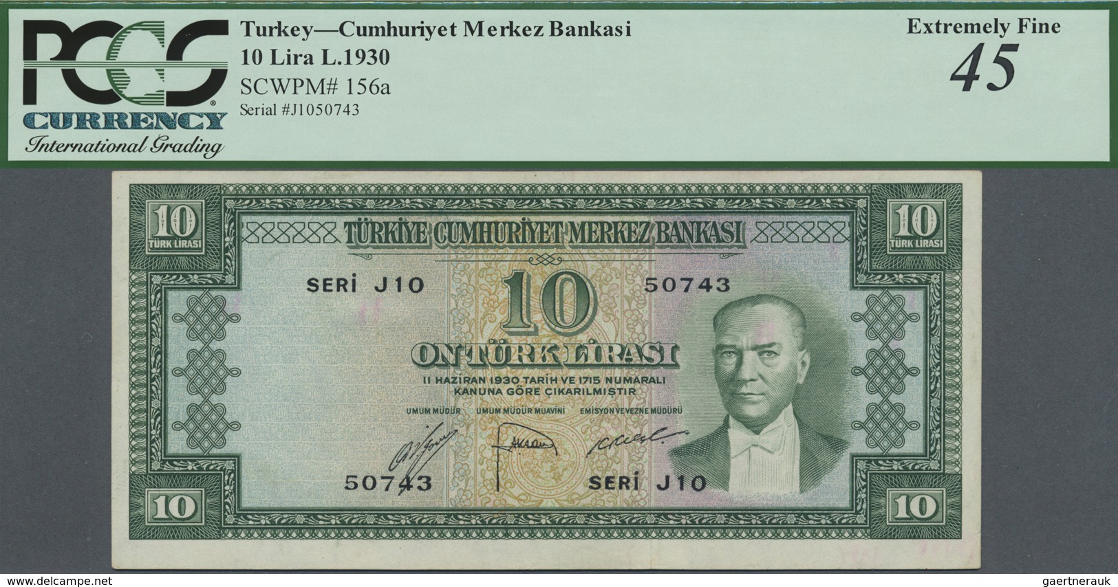 Turkey / Türkei: 10 Lira L.1930 (1951-61), P.156a, Lightly Toned Paper With A Few Soft Folds, PCGS G - Turquie