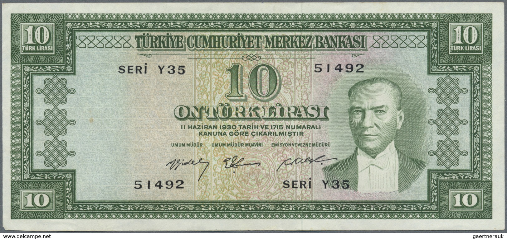 Turkey / Türkei: 10 Lira L. 1930 (1951-1965), P.158, Highly Rare Note With A Soft Vertical Bend At C - Turquie