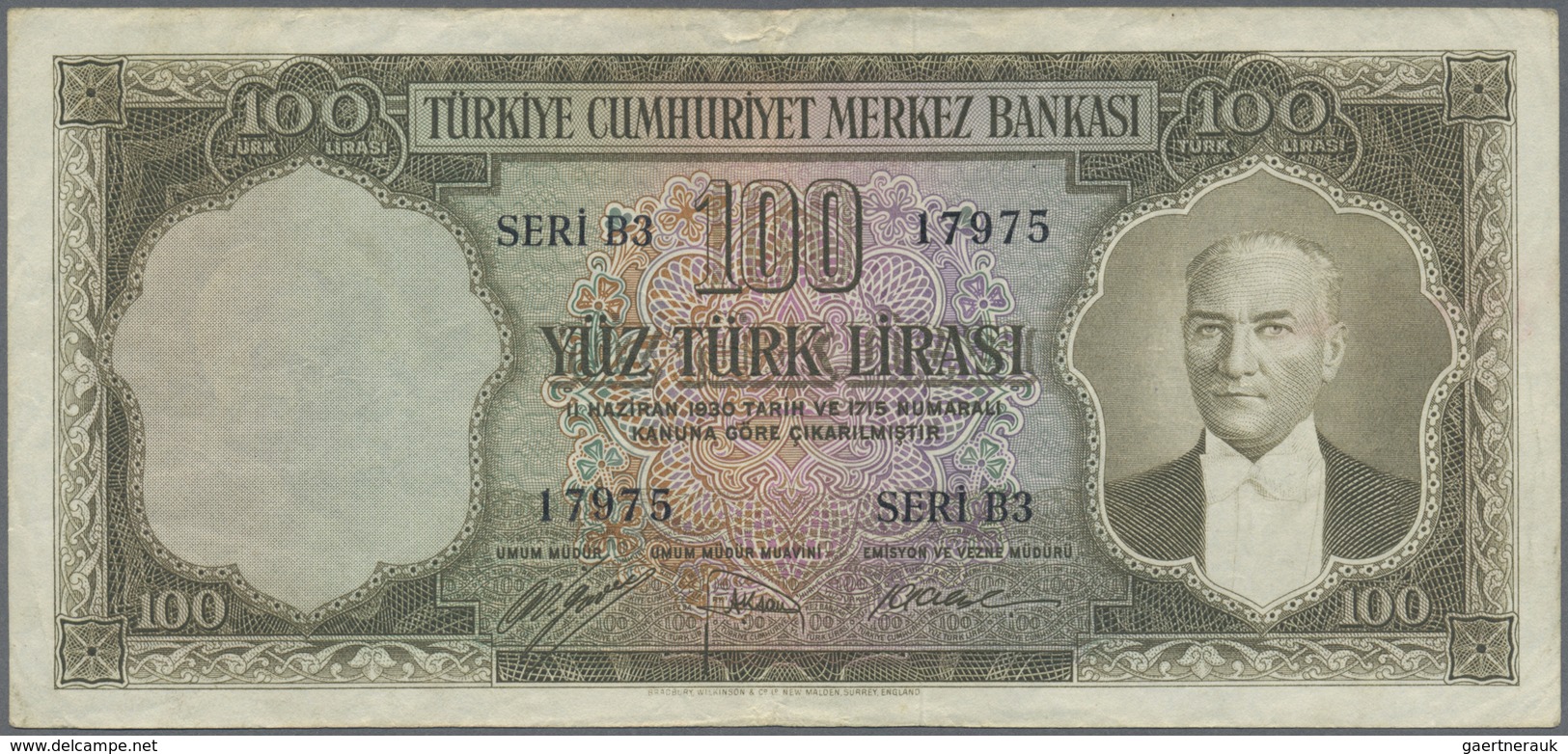 Turkey / Türkei: 100 Lirasi L. 1930 (1951-1961) "Atatürk" - 5th Issue, P.167 With A Few Folds And Cr - Turkey