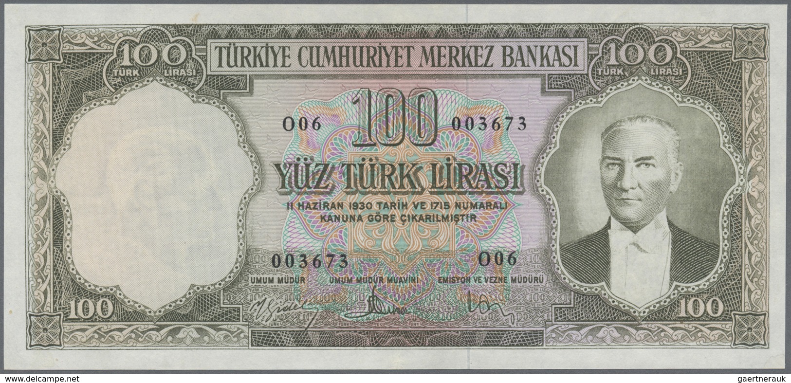 Turkey / Türkei: 100 Lirasi L. 1930 (1951-1961) "Atatürk" - 5th Issue, P.169 In Almost Perfect Condi - Turquie