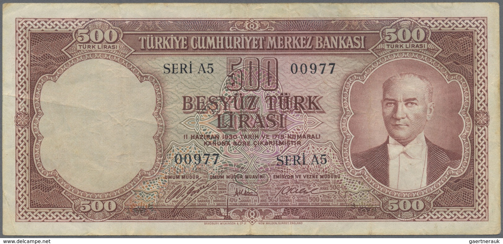 Turkey / Türkei: 500 Lirasi L. 1930 (1951-1961) "Atatürk" - 5th Issue, P.170, Yellowed Paper With A - Turchia