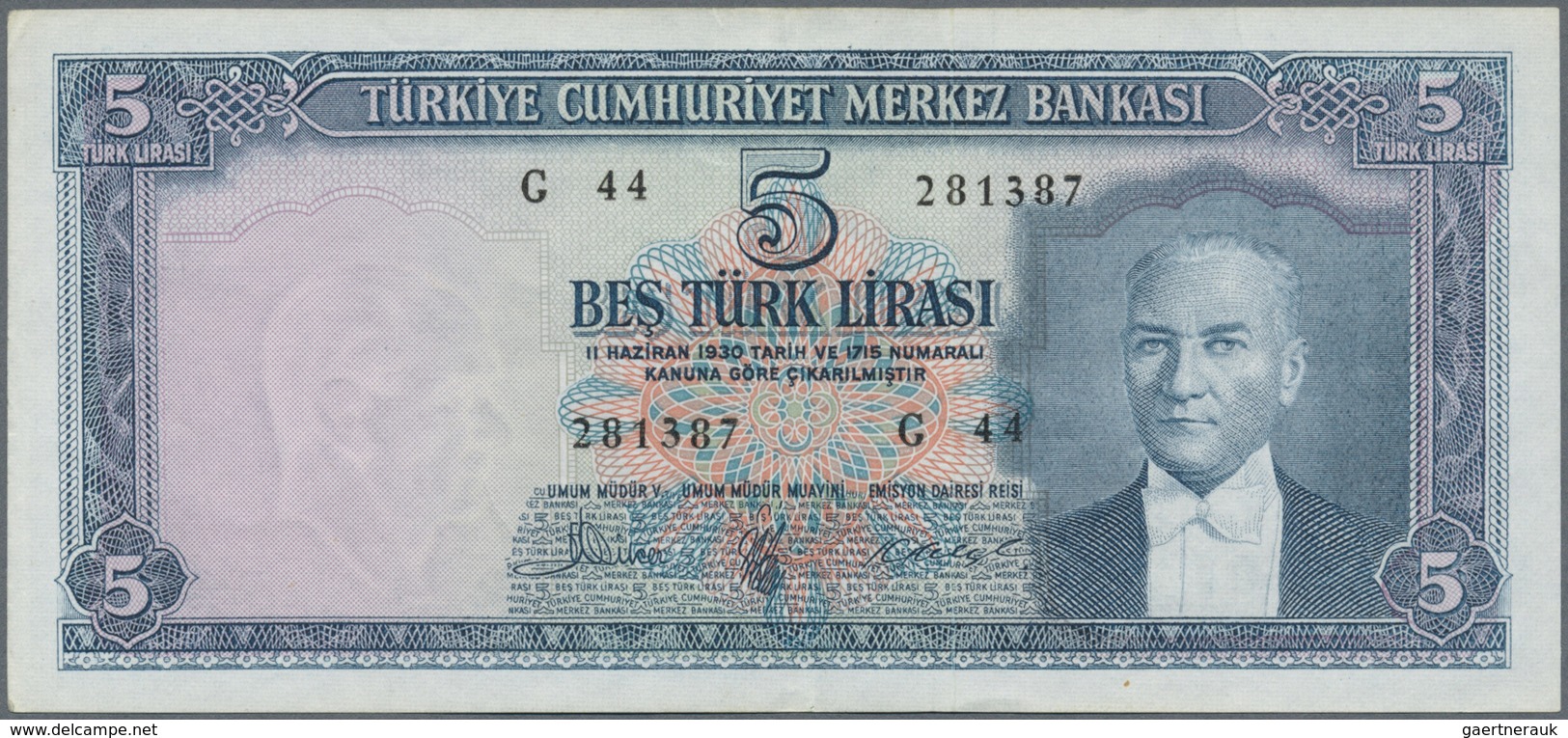 Turkey / Türkei: 5 Lira L.1930 (1951-65), P.173, Vertically Folded, Some Other Minor Creases And A F - Turkey