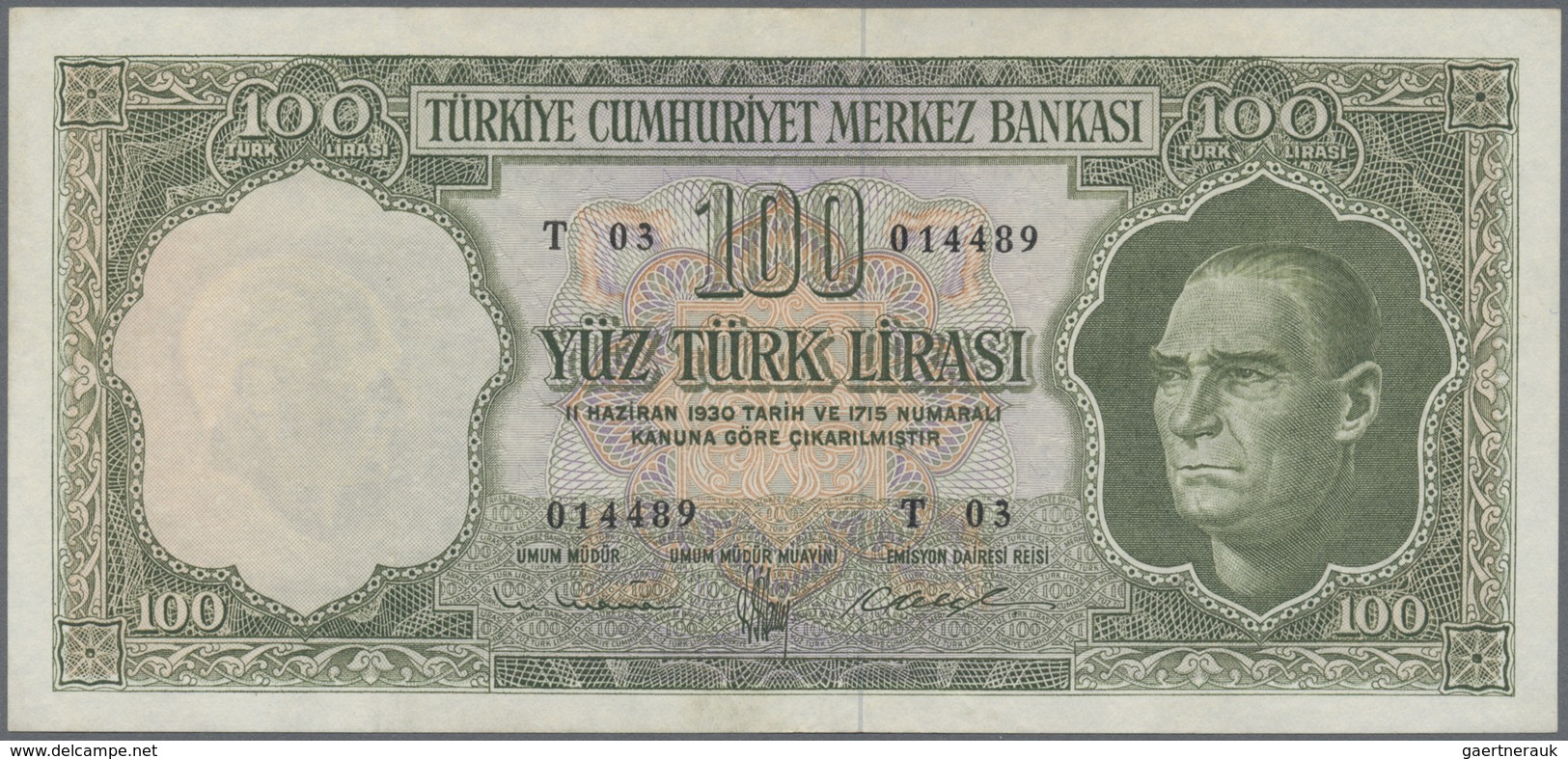 Turkey / Türkei: 100 Lirasi L. 1930 (1951-1965) "Atatürk" - 5th Issue, P.176 With A Few Very Soft Ve - Turkey