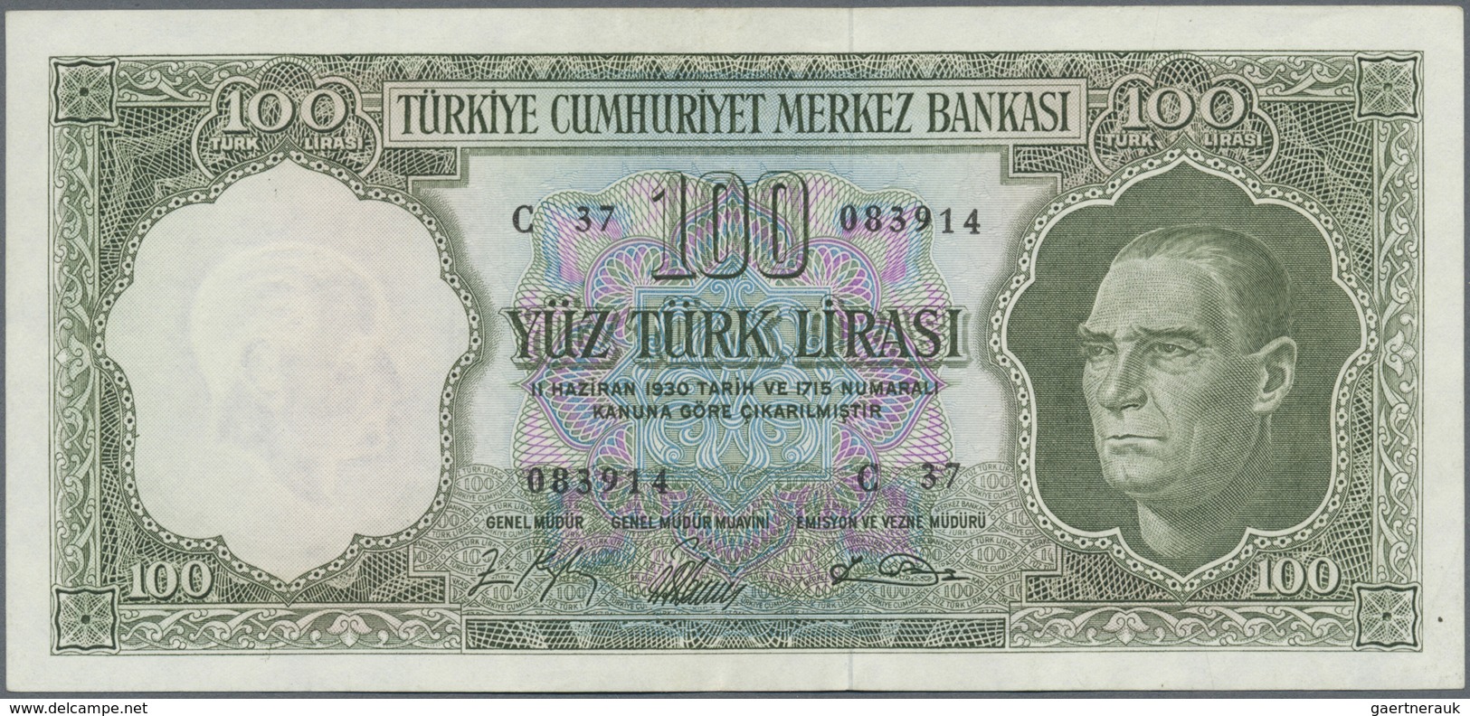 Turkey / Türkei: 100 Lira L. 1930 (1951-1965), P.177 With A Soft Vertical Fold At Center And A Few O - Turchia