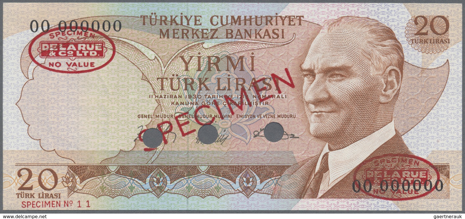 Turkey / Türkei: 20 Lirasi L. 1930 (1966-1969) "Atatürk" - 5th & 6th Issue De La Rue SPECIMEN, P.181 - Turchia