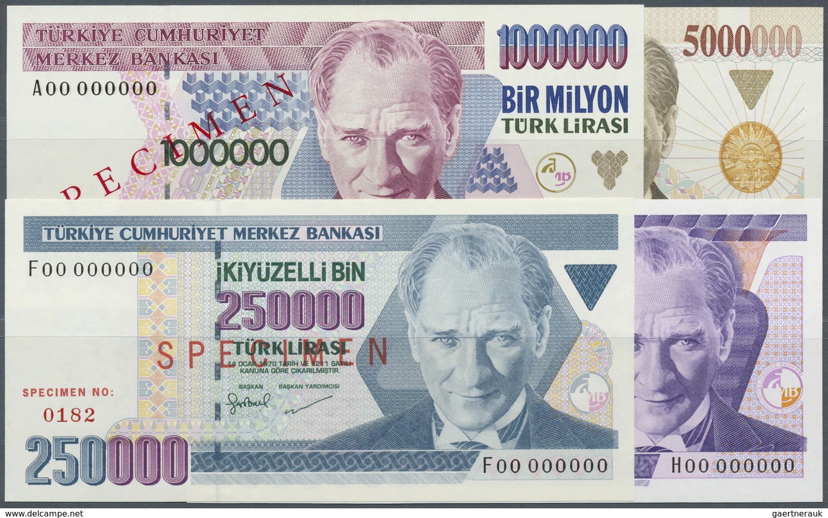 Turkey / Türkei: Set Of 4 Specimen Banknotes Containing 250.000, 500.000, 1.000.000 And 5.000.000 Li - Turchia