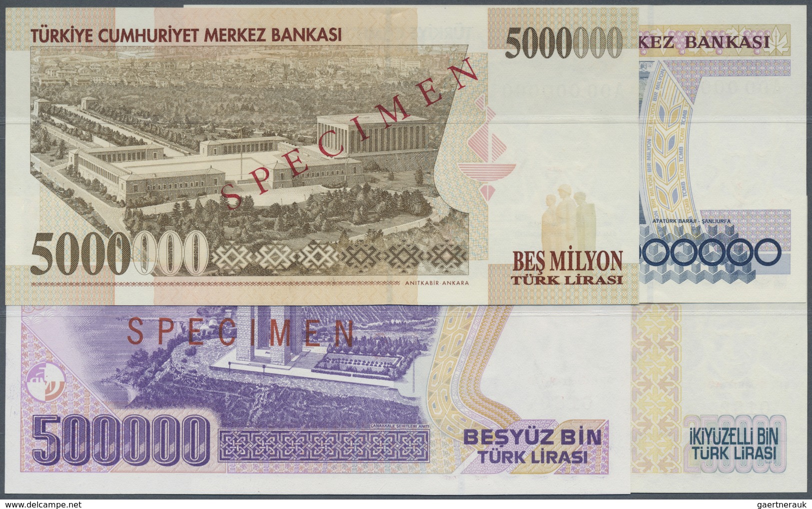 Turkey / Türkei: Set Of 4 Specimen Banknotes Containing 250.000, 500.000, 1.000.000 And 5.000.000 Li - Turkey