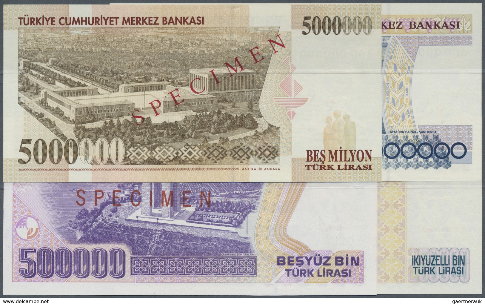 Turkey / Türkei: Set Of 4 Specimen Banknotes Containing 250.000, 500.000, 1.000.000 And 5.000.000 Li - Turchia