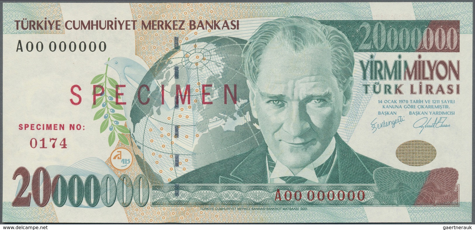 Turkey / Türkei: 20.000.000 Lira ND(1984-2002) Specimen P. 215s In Condition: UNC. - Turquie