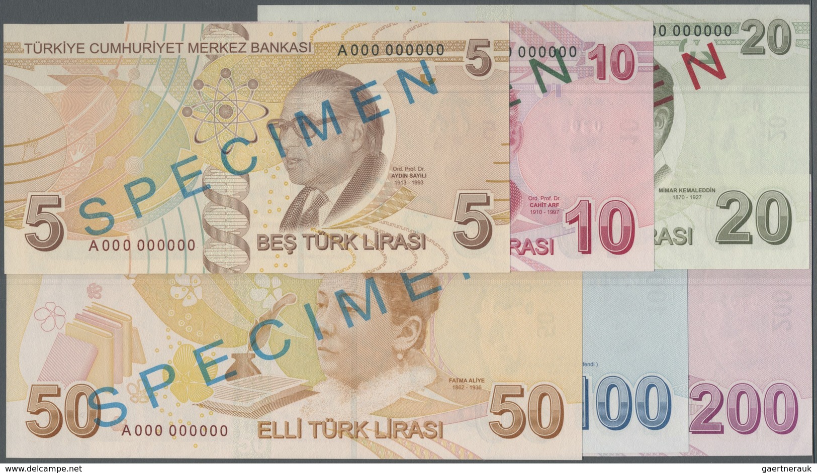 Turkey / Türkei: Set Of Series 6 Specimen Banknotes 5 To 200 Lira 2009 P. 222s-227s, All In Conditio - Turquie