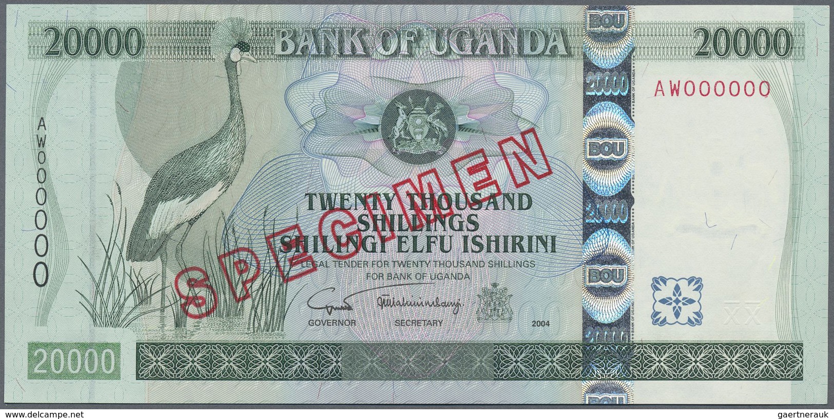 Uganda: 20.000 Shillings 2004 Specimen P. 46s With Zero Serial Numbers And Specimen Overprint, Light - Uganda