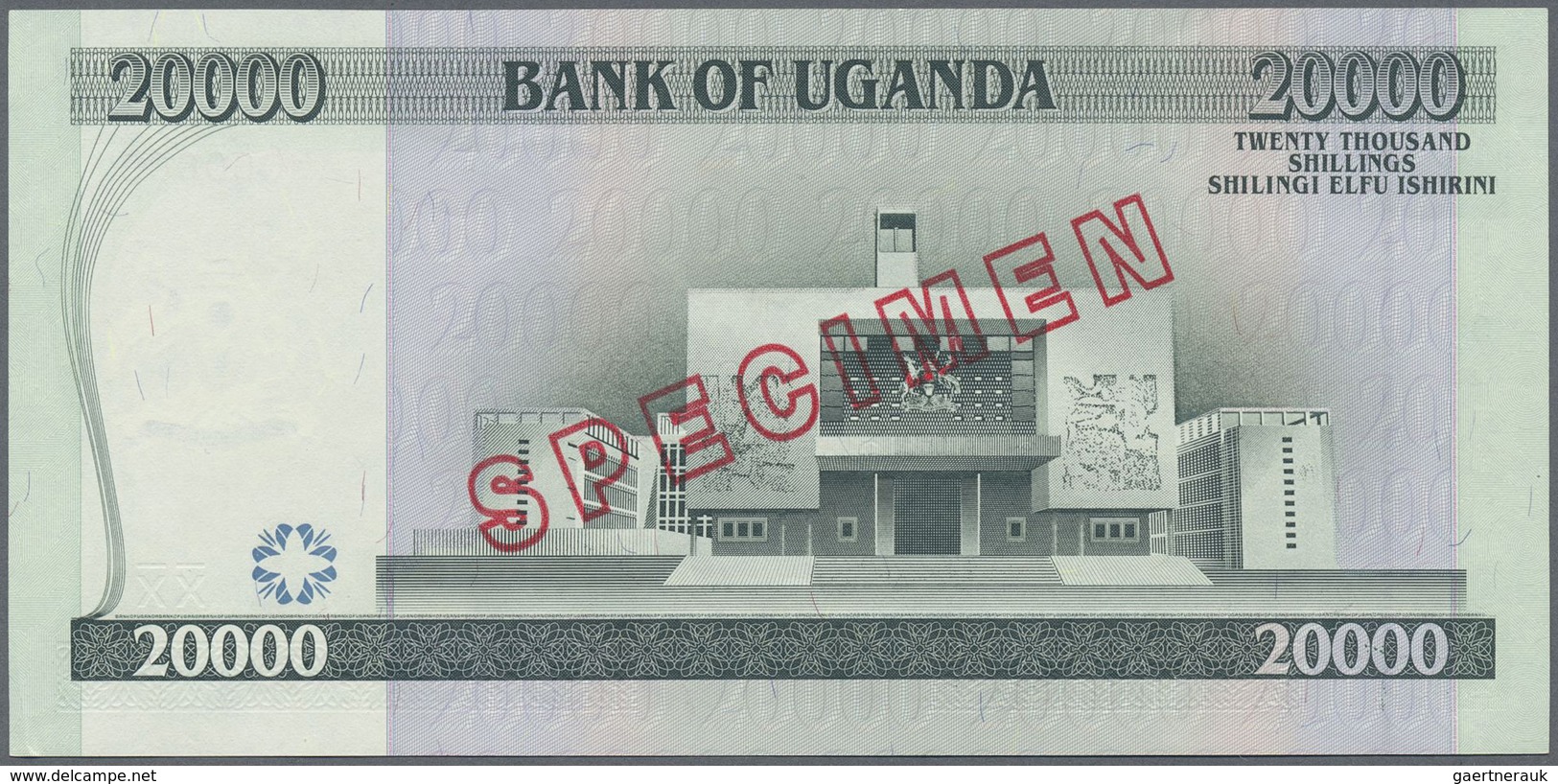 Uganda: 20.000 Shillings 2004 Specimen P. 46s With Zero Serial Numbers And Specimen Overprint, Light - Ouganda