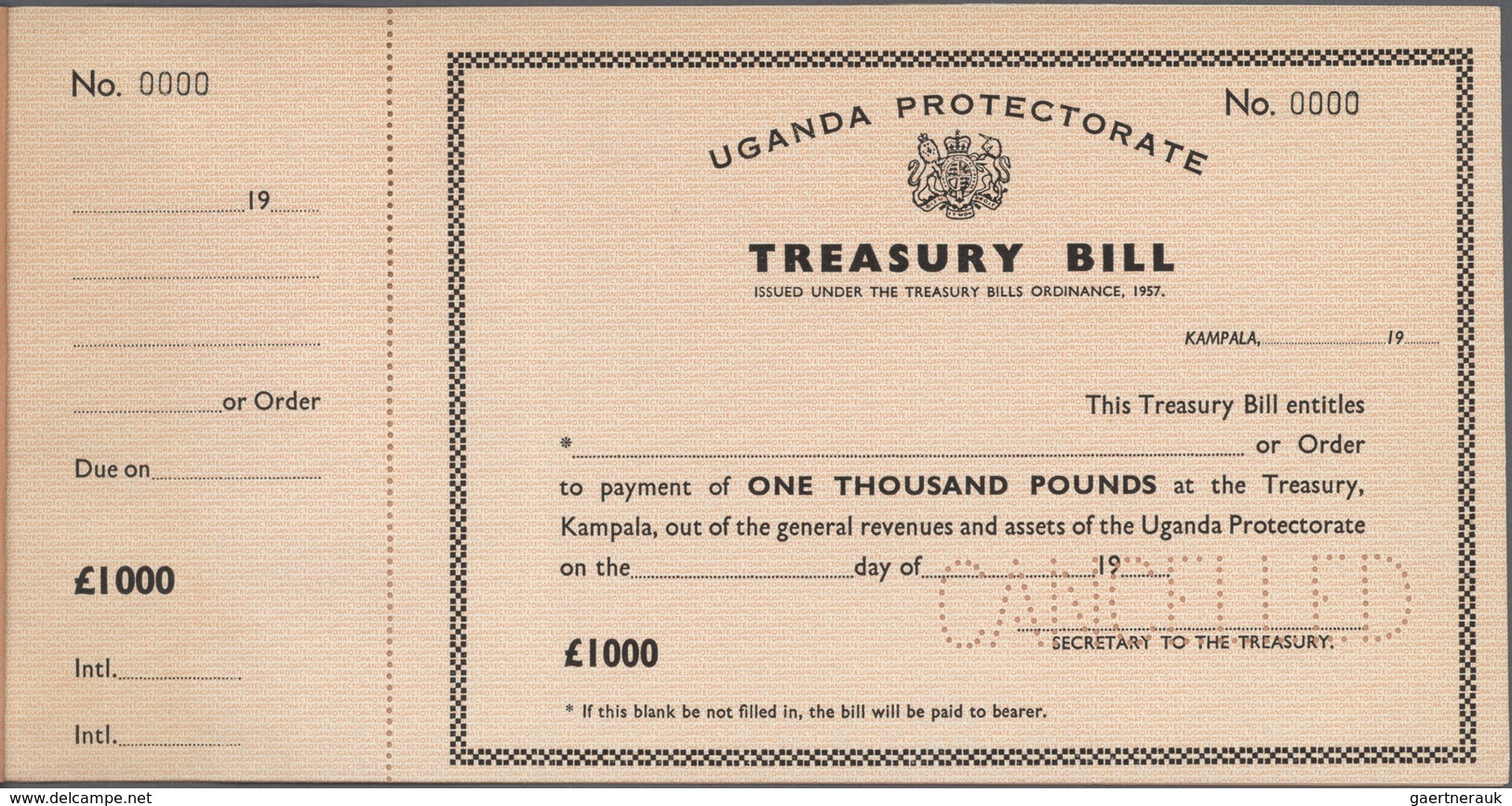 Uganda: Booklet With One 1000 Pounds Treasury Bill Check Form Of The Uganda Protectorate With Perfor - Ouganda