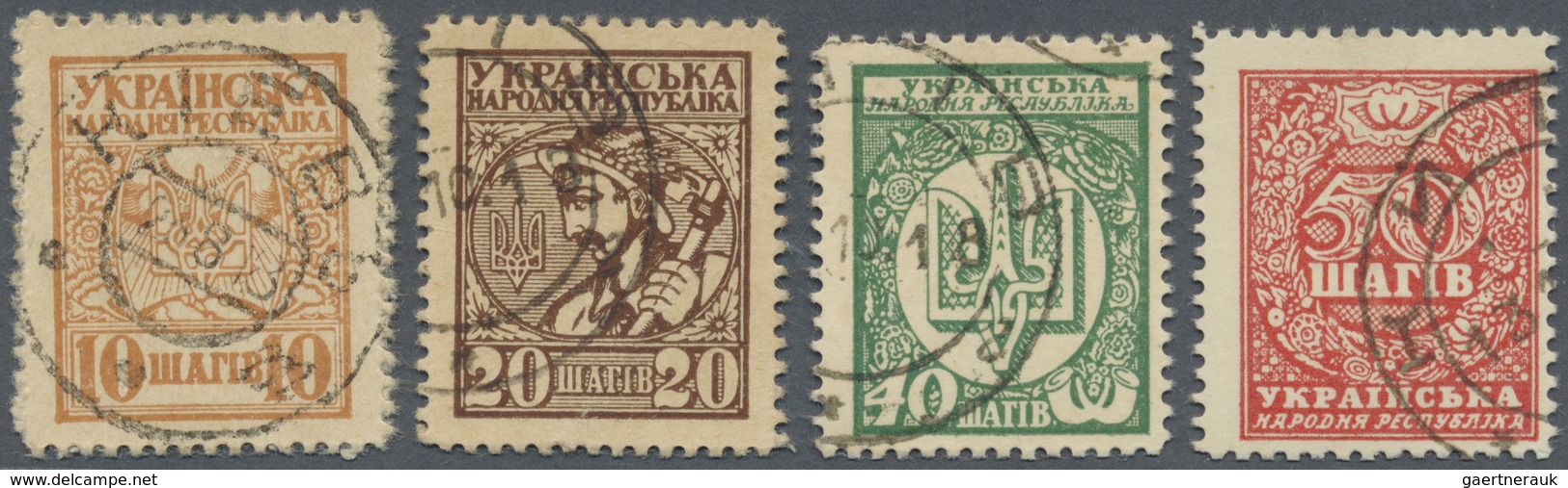 Ukraina / Ukraine: Set With 10, 20, 40 And 50 Shahiv ND(1918) Stamp Money, P.7, 8, 10a, 11a, All Pos - Ucraina