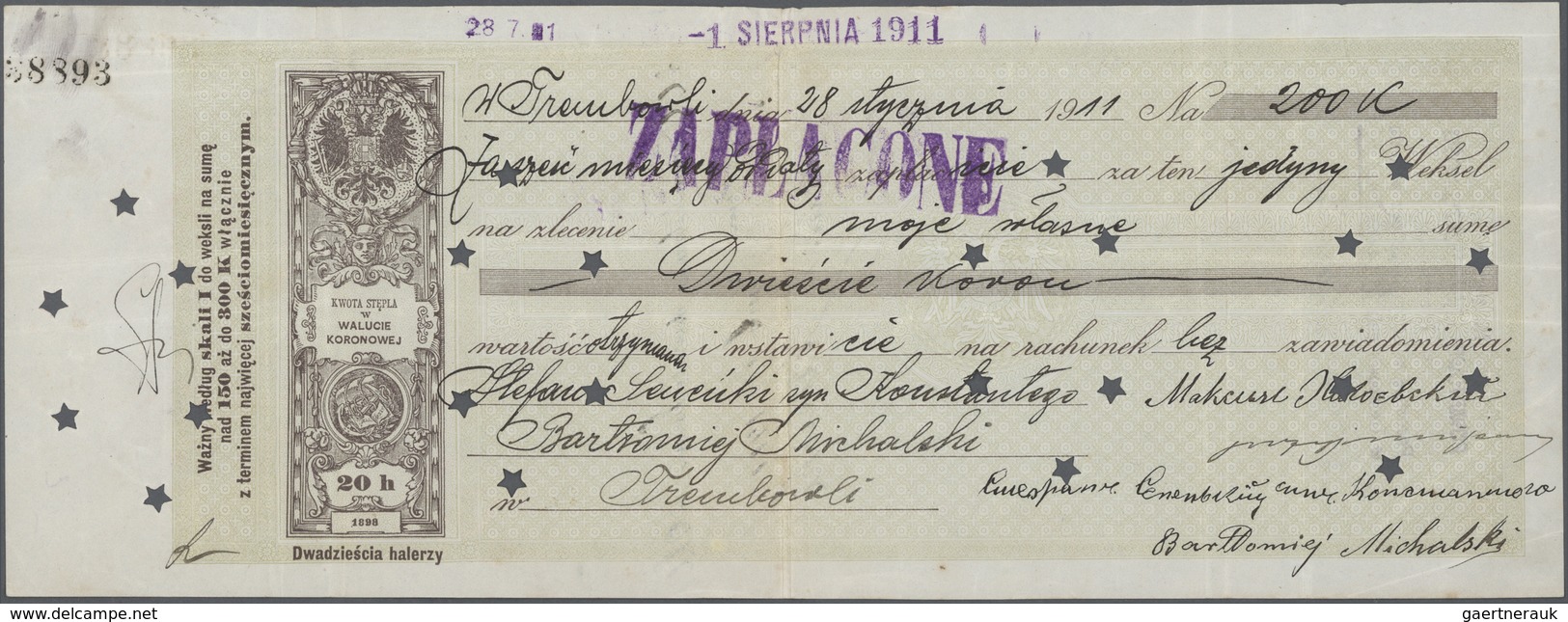 Ukraina / Ukraine: Terebovlia, Ternopil Oblast, Polish Cheque Of 200 Korun 1911, P.NL (R/K NL) With - Ucraina