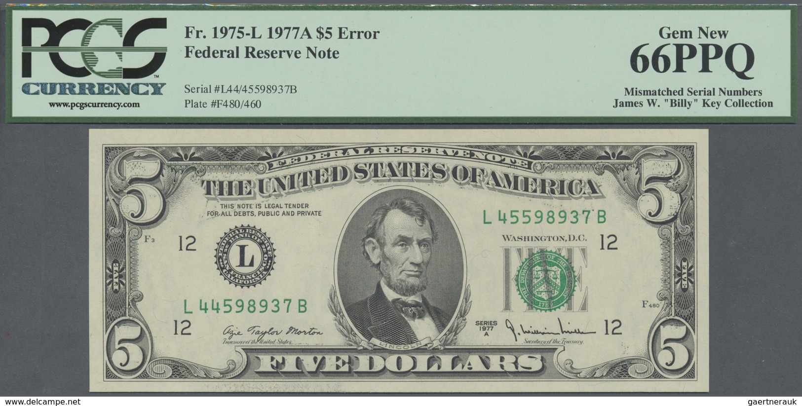 United States Of America: 5 Dollars Series 1977A, P.463b, Error Note With Mismatching Serial Numbers - Other & Unclassified