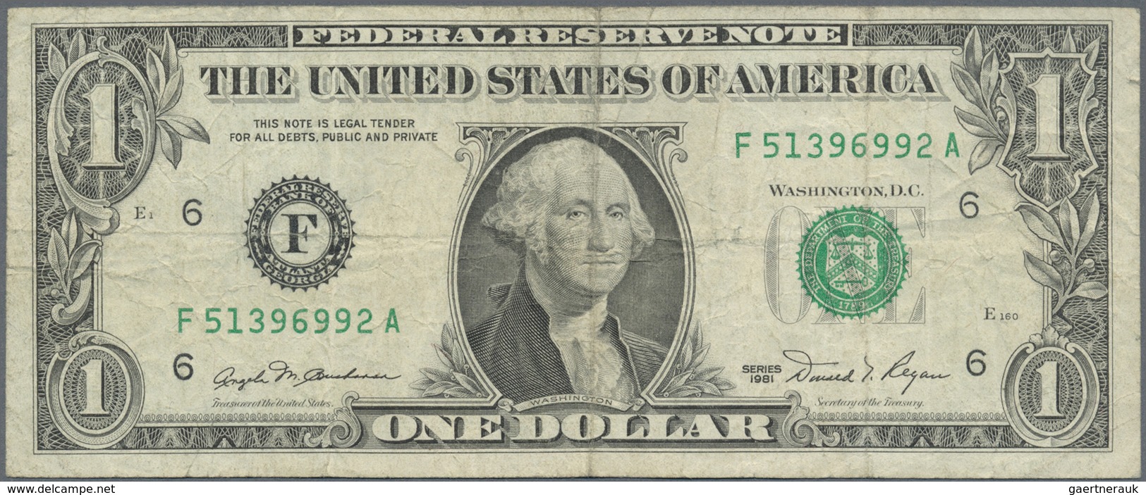 United States Of America: 1 Dollar Series 1981 With Signature Buchanan & Regan And Code Letter "F" F - Other & Unclassified