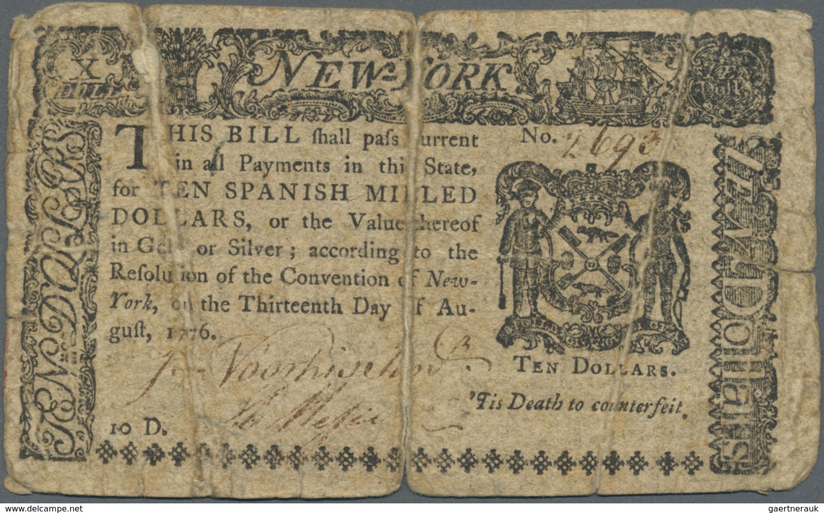 United States Of America: 10 Dollars State Of New York August 13th 1776, P.S2058, Highly Rare Note I - Autres & Non Classés