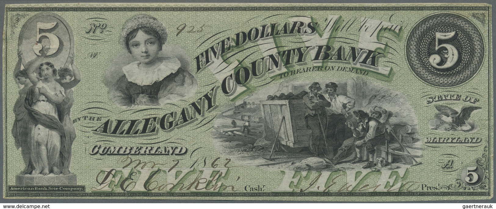 United States Of America: Maryland, Allegany County Bank 5 Dollars 1862, P.NL, Soft Vertical Bend At - Autres & Non Classés