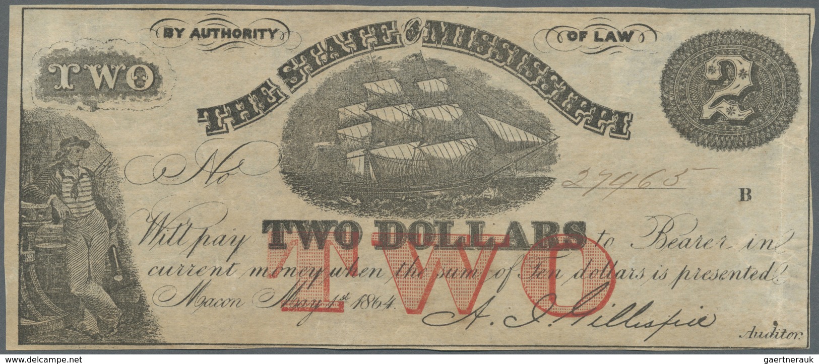 United States Of America: Mississippi, 2 Dollars May 1st 1864, P.NL, Lightly Toned Paper With Severa - Autres & Non Classés