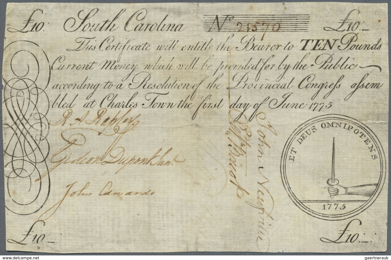 United States Of America: Colonial Currency, South Carolina 10 Pounds June 1st 1775 P. NL, Fr. #SC99 - Other & Unclassified