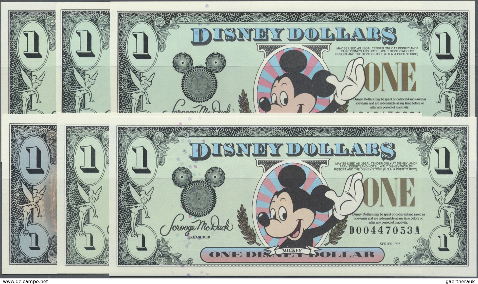 United States Of America: Set With 6 Notes 1-Disney-Dollar Series 1996 Letter "A", Series 1998 Lette - Altri & Non Classificati