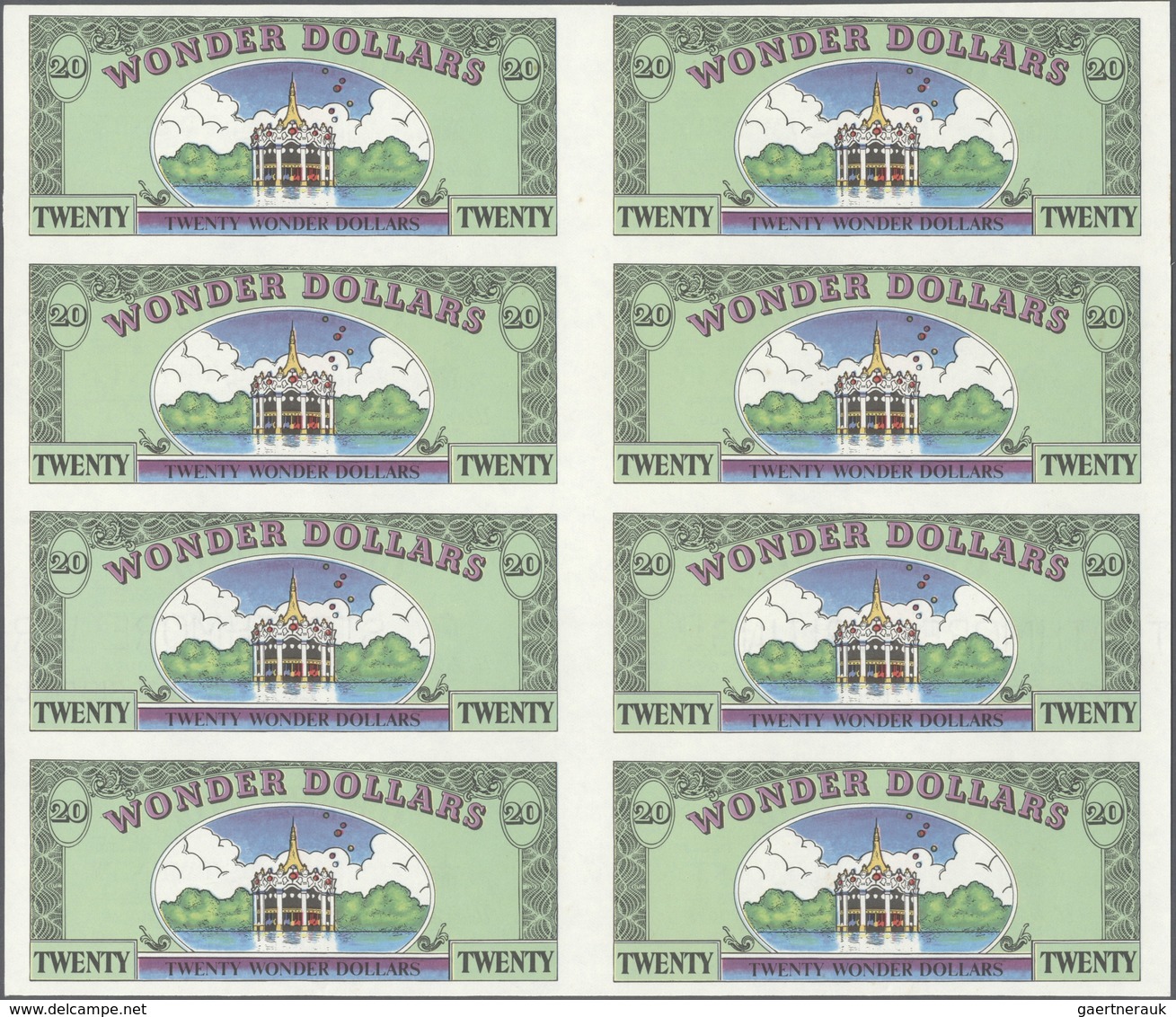 United States Of America: Uncut Sheet Of 8 Pcs 20 Wonder World Dollars 1994 In Condition: UNC. (8 Pc - Autres & Non Classés