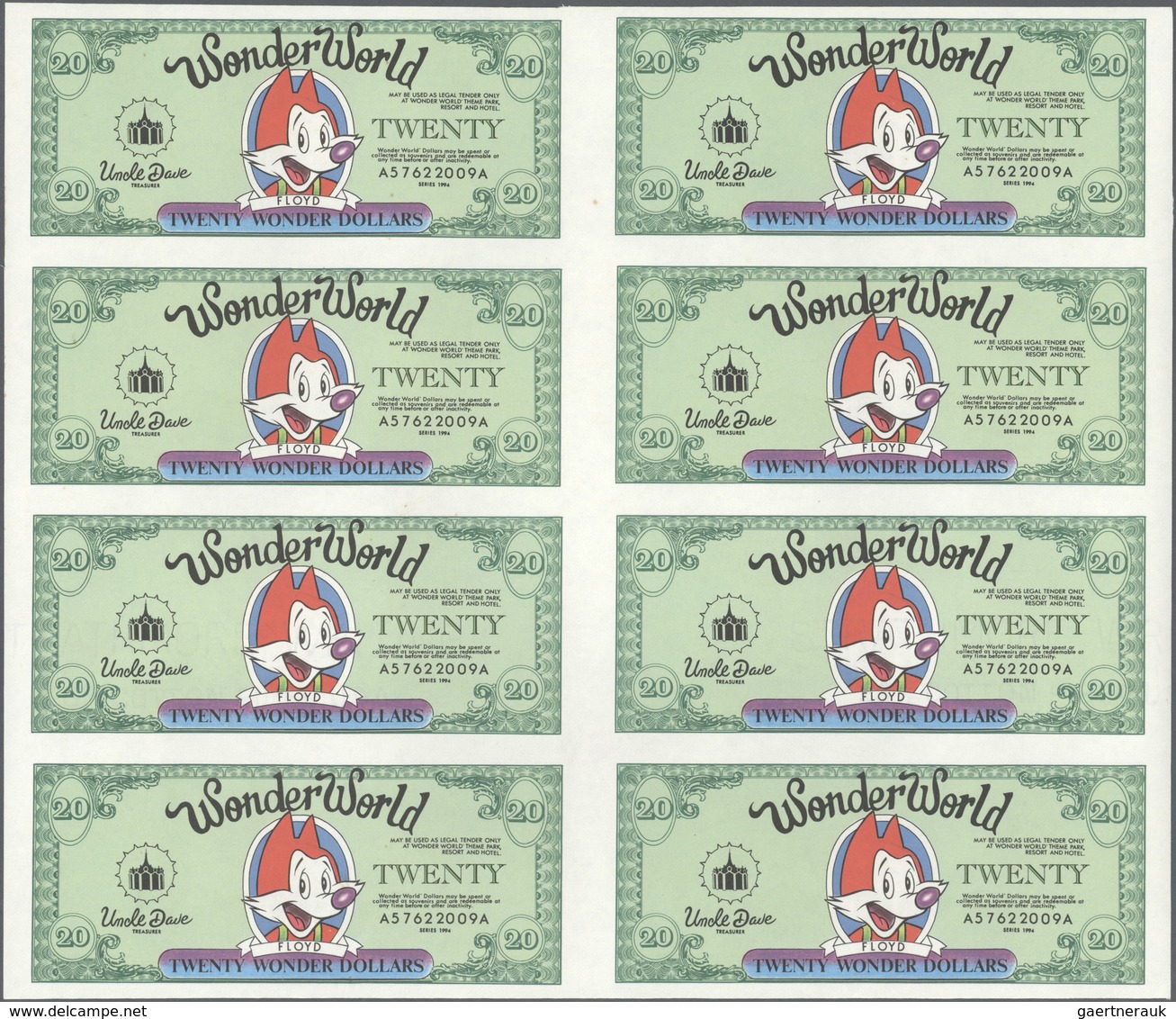 United States Of America: Uncut Sheet Of 8 Pcs 20 Wonder World Dollars 1994 In Condition: UNC. (8 Pc - Altri & Non Classificati