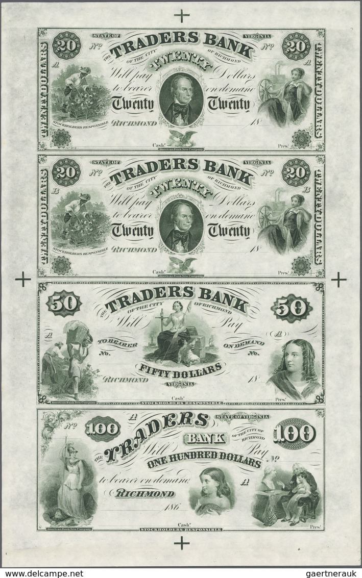 United States Of America: Uncut Sheet Of 4 Pcs 1880s 2x 20, 50 And 100 Dollars 18xx Traders Bank P. - Autres & Non Classés