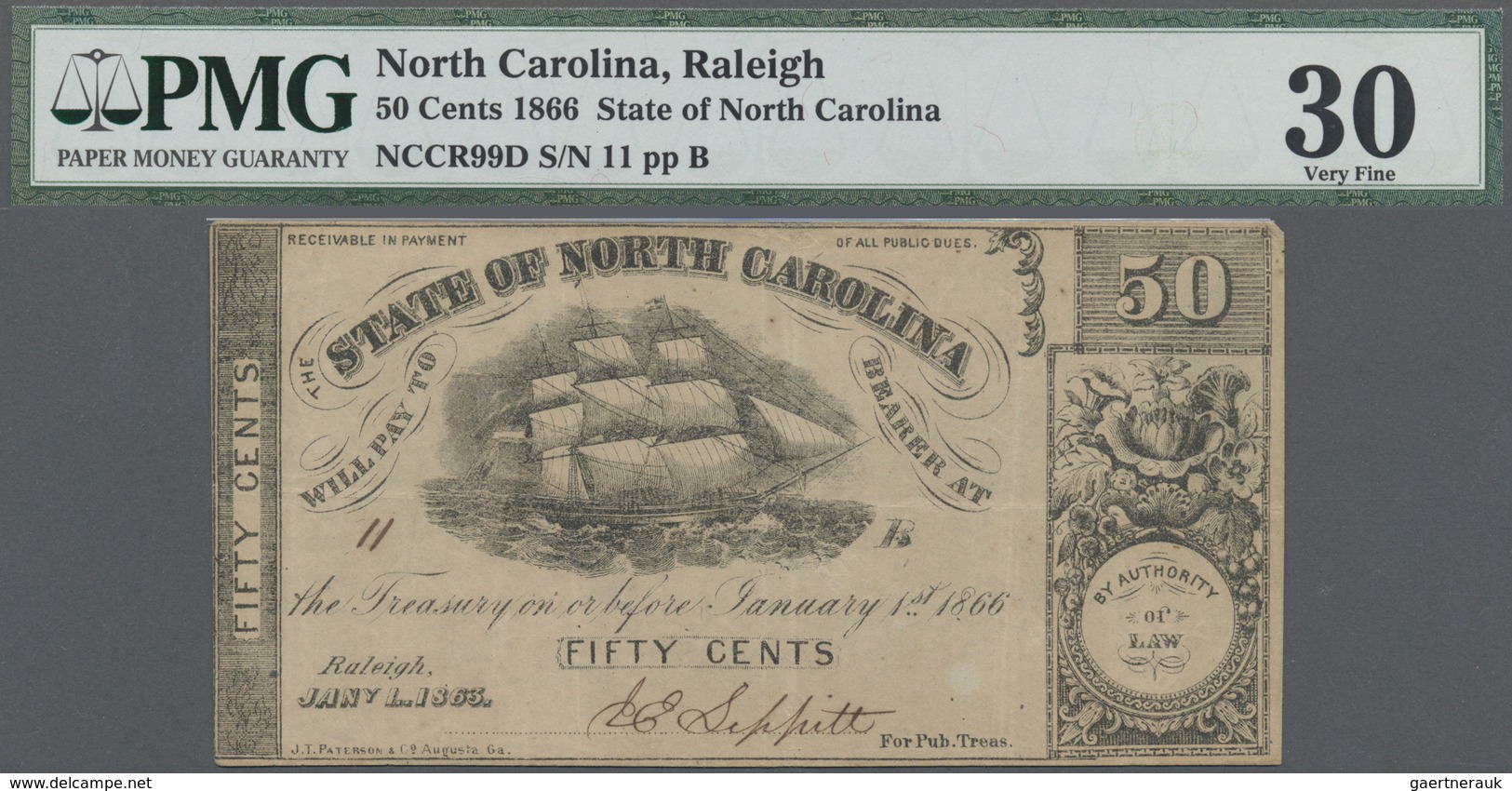 United States Of America: 50 Cents 1866 State Of North Carolina, Condition: PMG Graded 30 VF. - Other & Unclassified