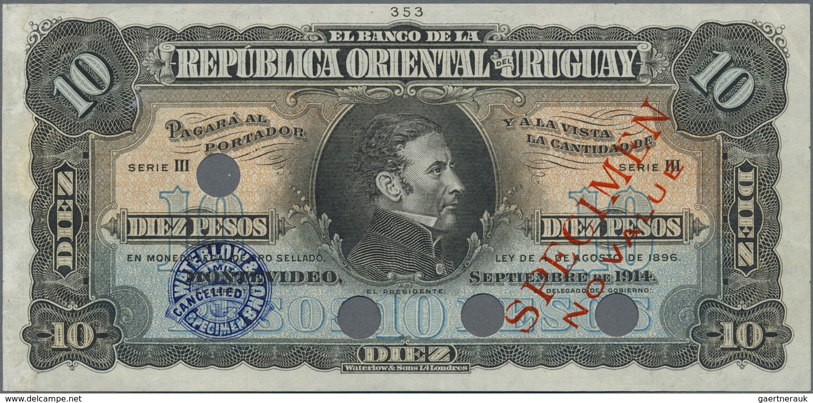 Uruguay: Banco De La República Oriental Del Uruguay 10 Pesos 1914 Color Trial SPECIMEN By Waterlow & - Uruguay