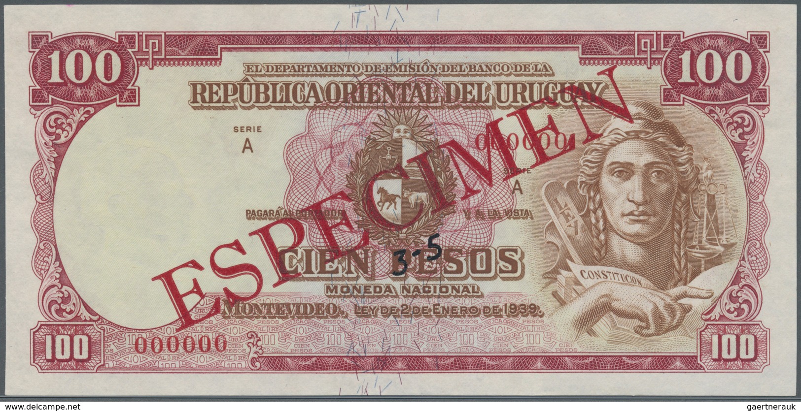 Uruguay: 100 Pesos 1939 Specimen P. 39s, Zero Serial Numbers, Red Specimen Overprint, Light Handling - Uruguay