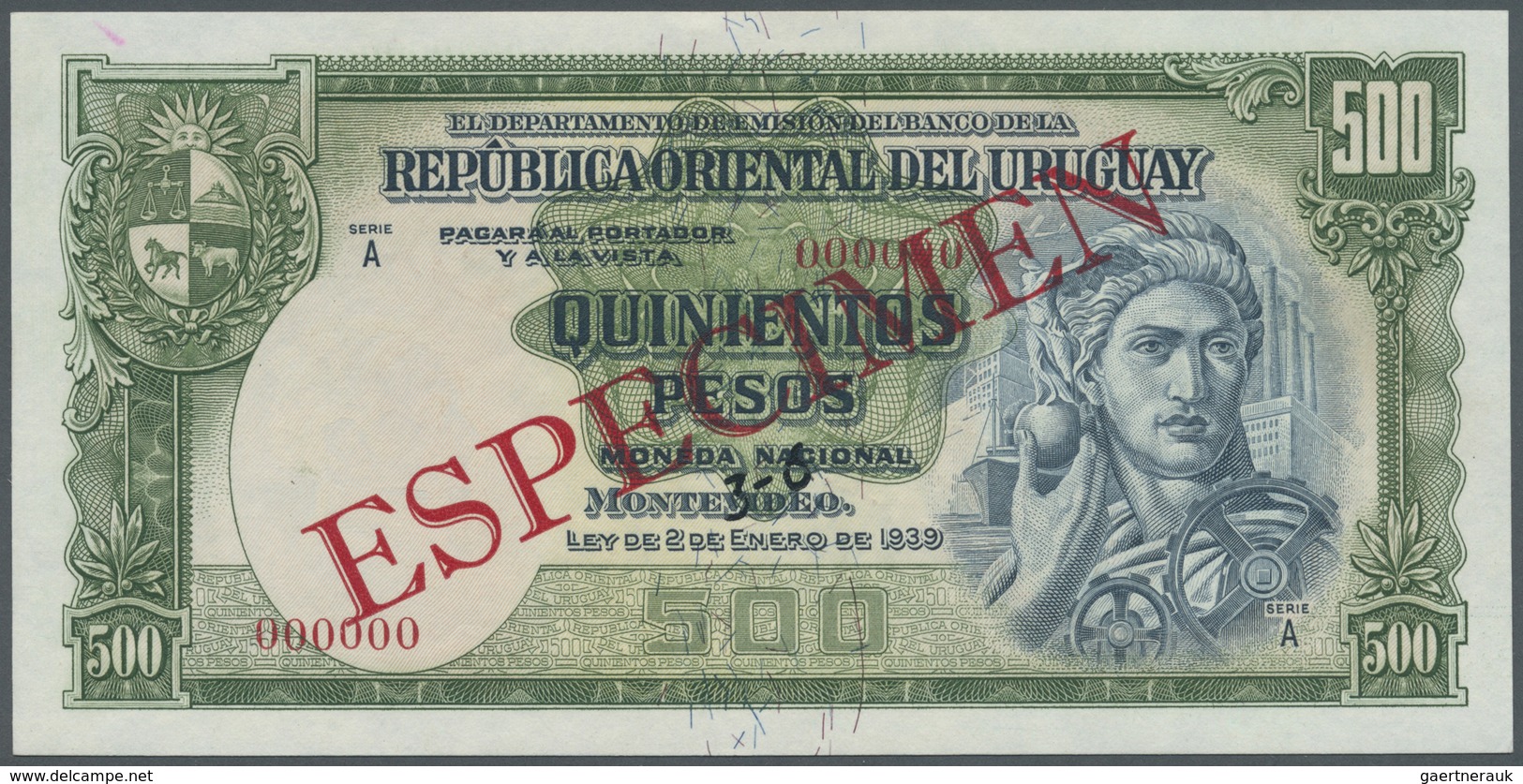 Uruguay: 500 Pesos 1939 Specimen P. 40s, Zero Serial Numbers, Red Specimen Overprint, Light Handling - Uruguay