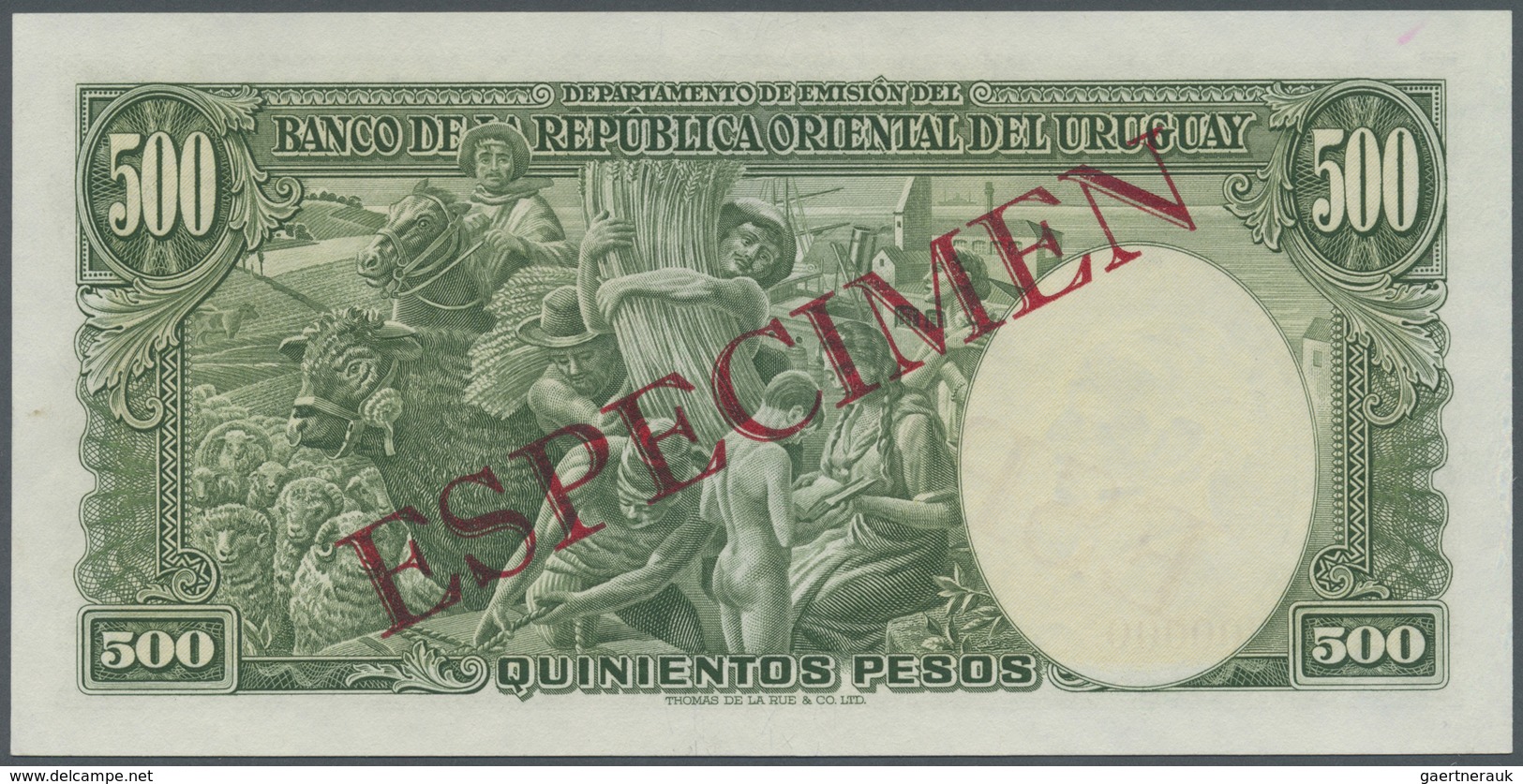 Uruguay: 500 Pesos 1939 Specimen P. 40s, Zero Serial Numbers, Red Specimen Overprint, Light Handling - Uruguay