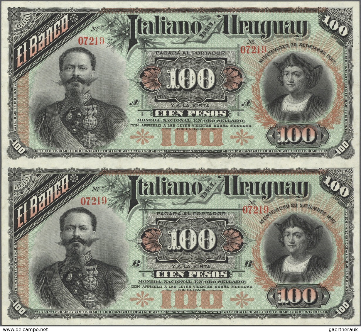 Uruguay: Banco Italiano Del Uruguay Uncut Pair Of 100 Pesos 1887 Series A And B, P.S215r, Both In Pe - Uruguay