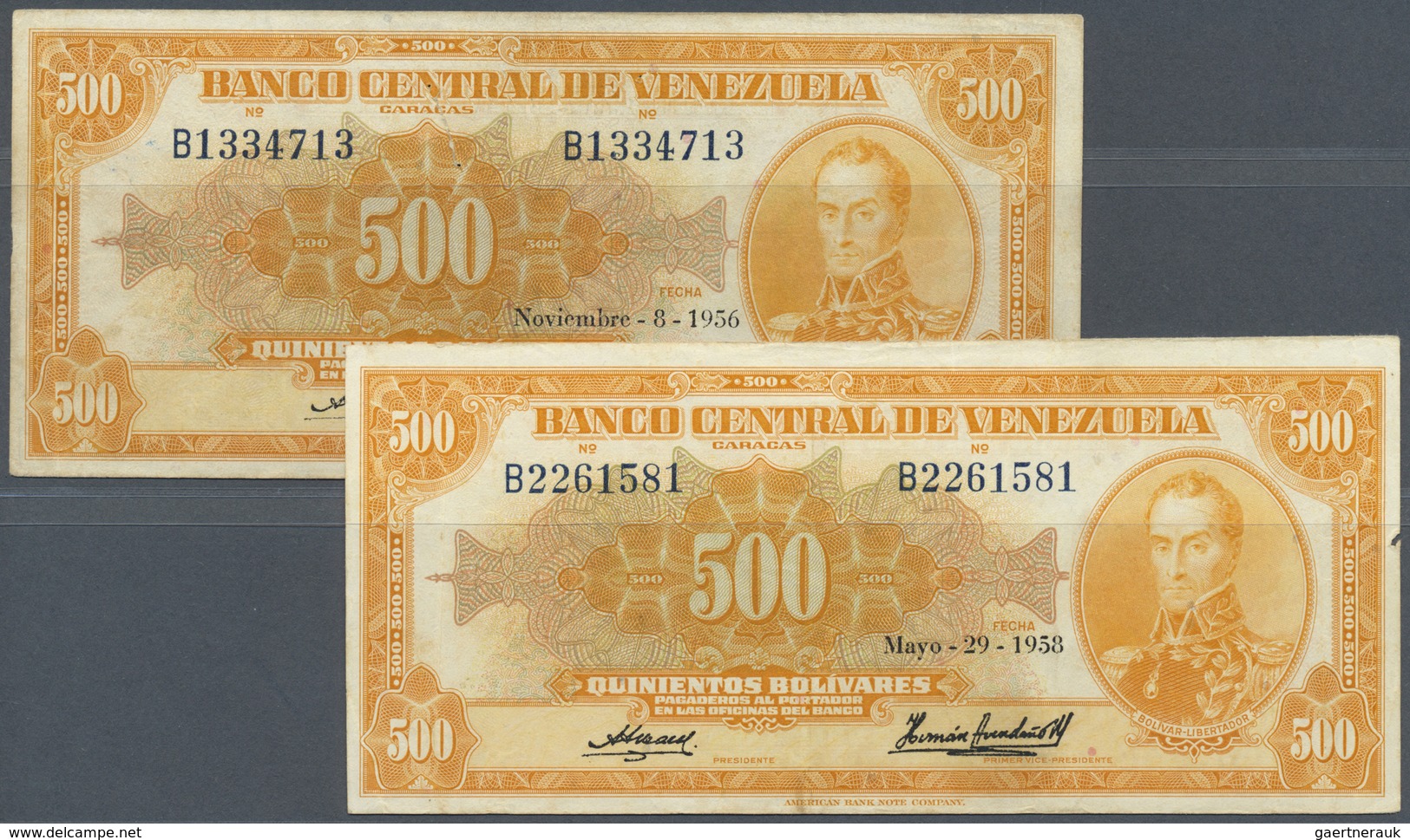 Venezuela: Set Of 2 Notes 500 Bolivares 1958 & 1956 P. 37b, The 1958 Dated Note With Crisp Paper And - Venezuela