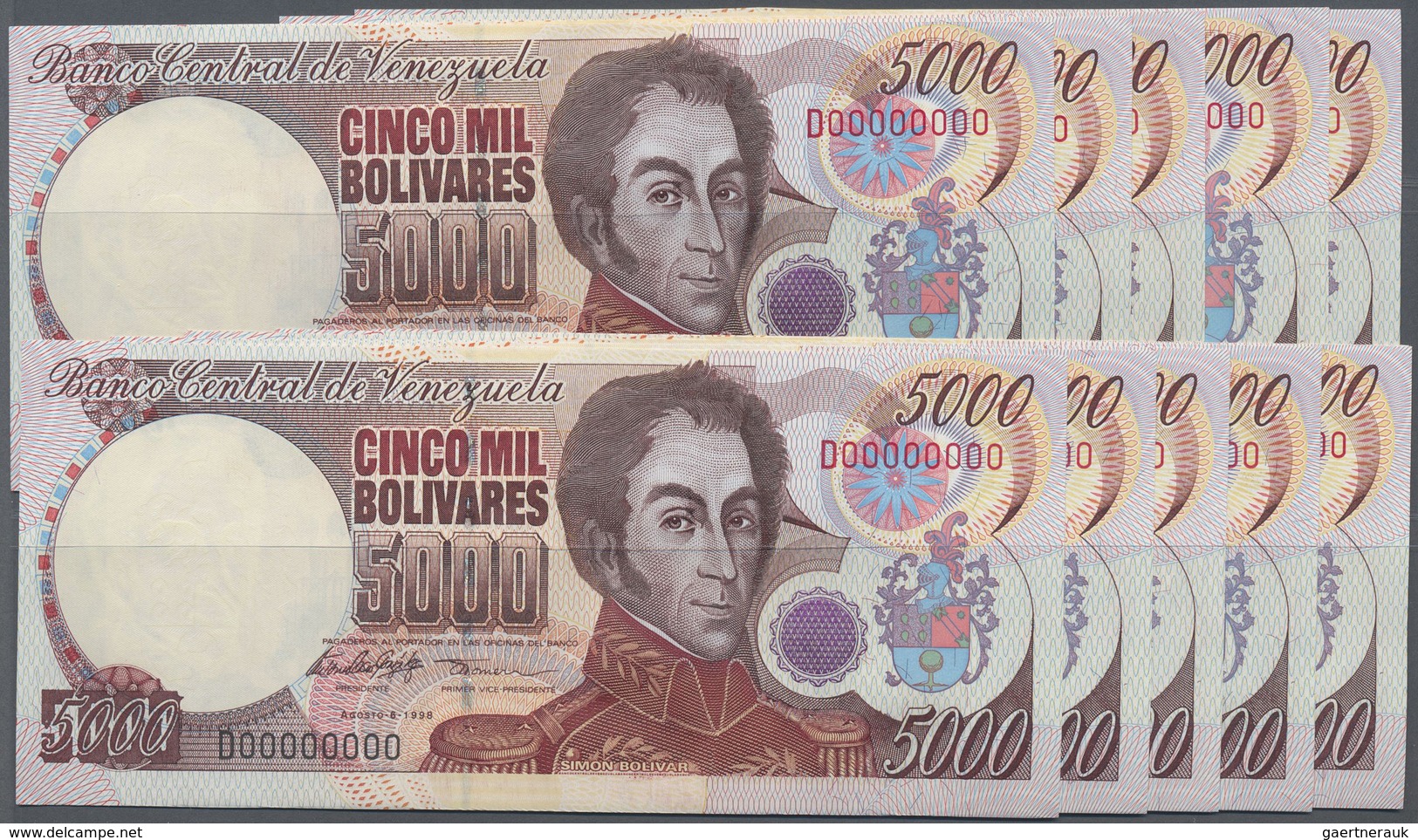 Venezuela: Set Of 10 Pcs 5000 Bolivares 1998 P. 78s, With Watermark, Zero Serial Numbers, Without Sp - Venezuela